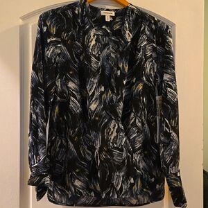 Nordstrom XS Blue Yellow Print Faux Wrap Surplice Long Sleeve Blouse Top